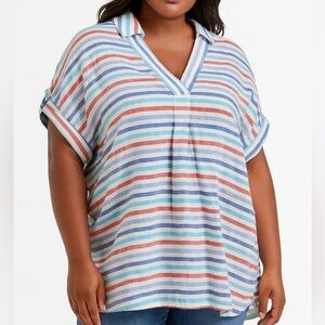 LIZ CLAIBORNE Linen Blend Striped V Neck Beachy Popover Short Sleeve Blouse